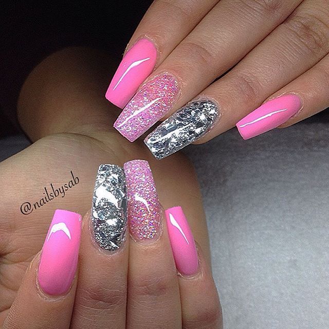 Vibrant Pink Nails with Sparkling Silver Accents: A Glamorous and Playful Design.