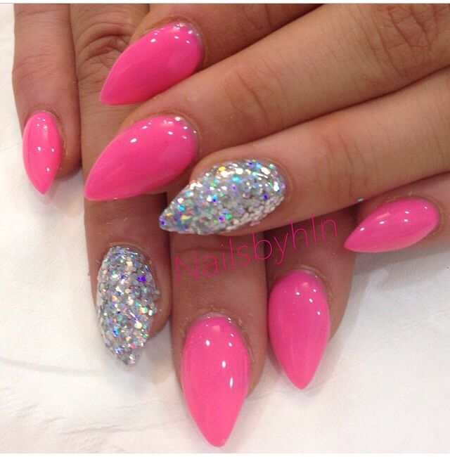 Bold and Glamorous Pink Nail Design with Glitter Accents