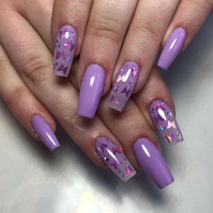 Whimsical Lavender Nail Design with Glossy Finishes and Sparkling Butterfly Glitter