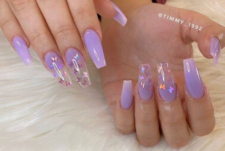 Chic Lavender Nail Design with Glossy Finish and Butterfly Accents