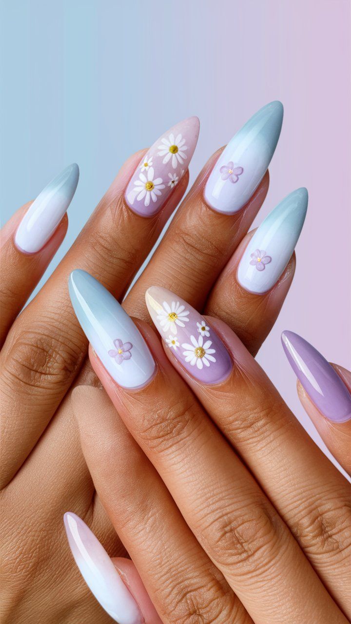 Pastel Floral Nail Design with Whimsical Gradient and Charming Accents