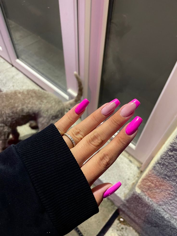 Chic Vibrant Pink Nails with Glossy Finish and Trendy French Tip Design