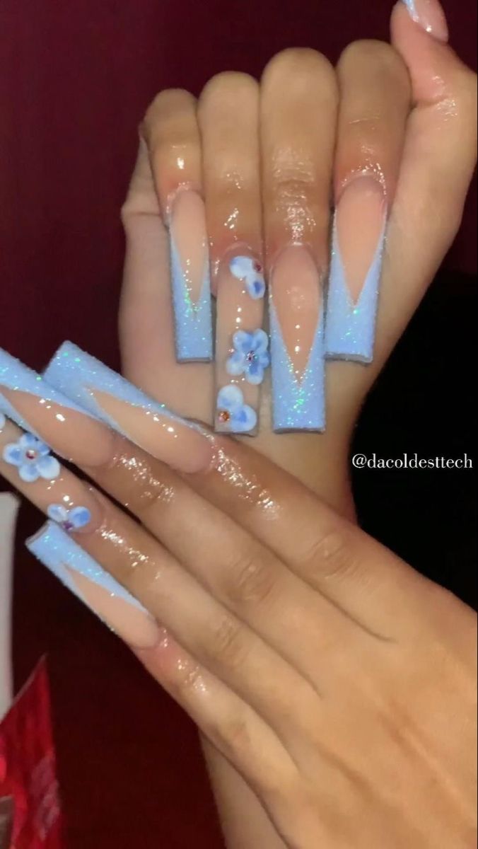 Elegant Long Nails with Blue Gradient and Floral Designs