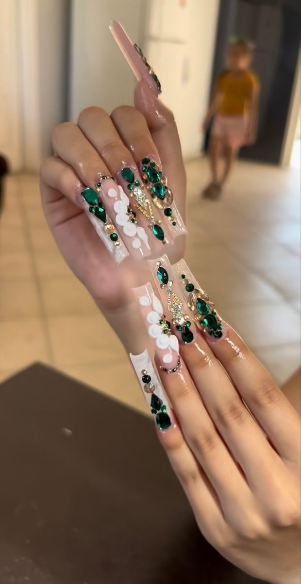 Chic Elegant Nail Design: Long Clear Nails with Floral Patterns and Gemstone Accents