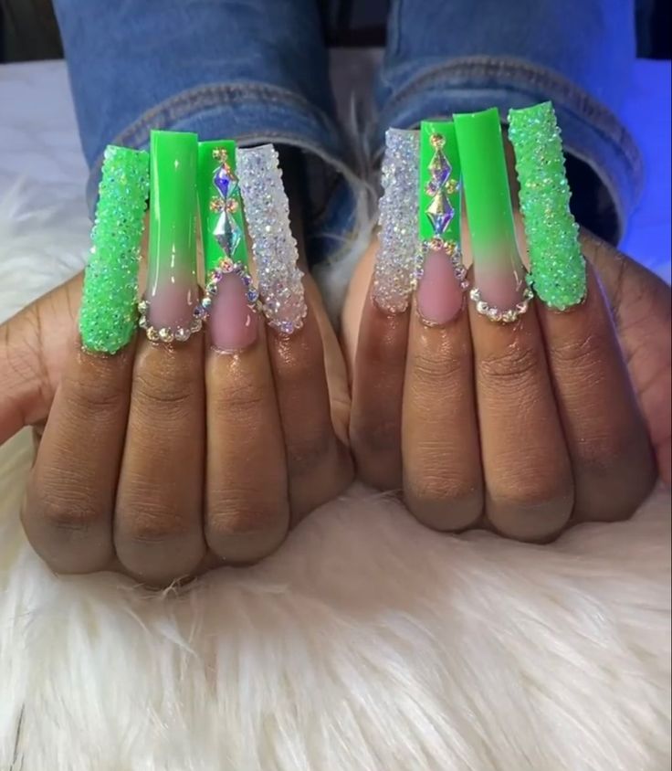 Bold and Playful Nail Design with Vibrant Green Hues and Glamorous Embellishments.