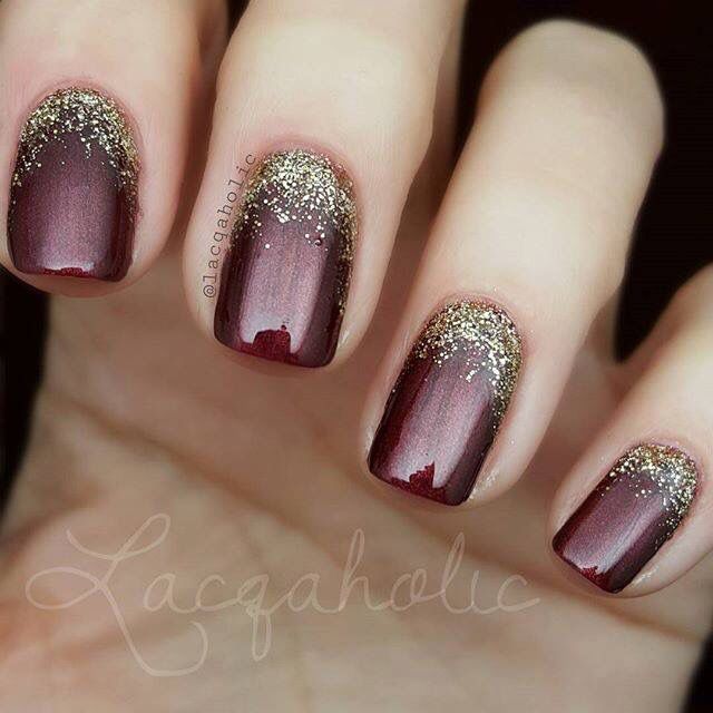 Striking Ombre Nail Design: Deep Burgundy to Shimmering Gold Glitter