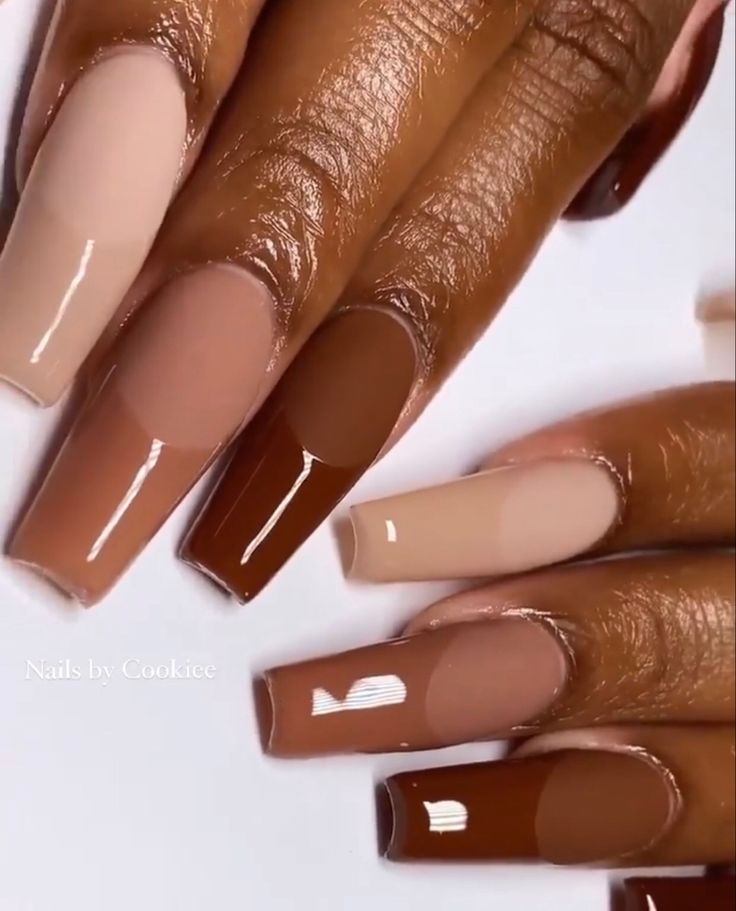 Sophisticated Nude and Brown Gradient Nail Design in Elongated Square Shape.