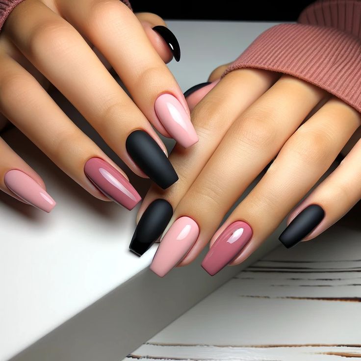 Chic Contrast: Elegant Nail Design Showcasing Matte and Glossy Finishes in Muted Pink and Bold Black.