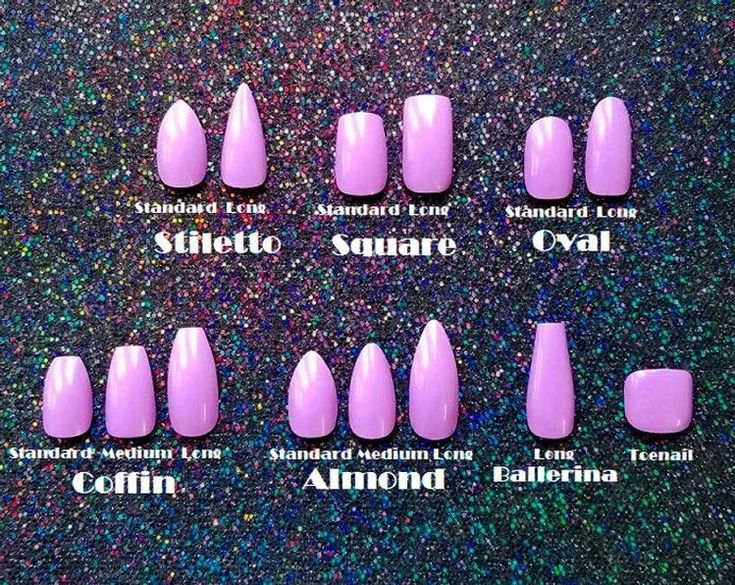 Showcasing Stunning Nail Shapes in Soft Purple: Stiletto, Square, Oval, Coffin, Almond, and Ballerina Styles.