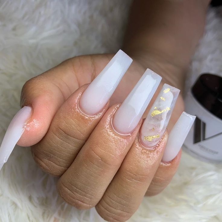 Chic Soft White Long Acrylic Nails with Luxury Gold Foil Accent