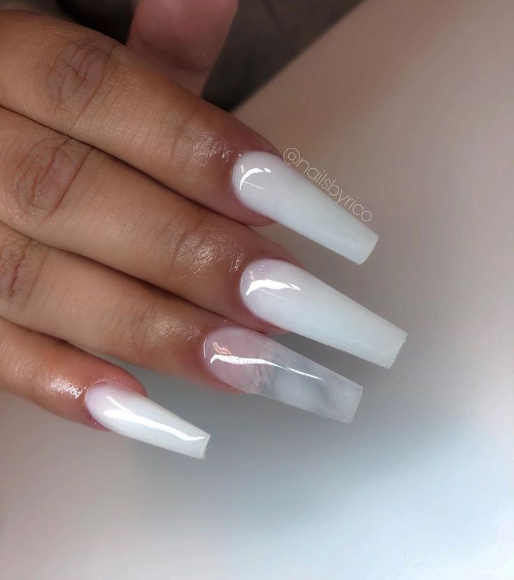 Chic White Nail Design with Long Square Tips and Creative Gradient Accent