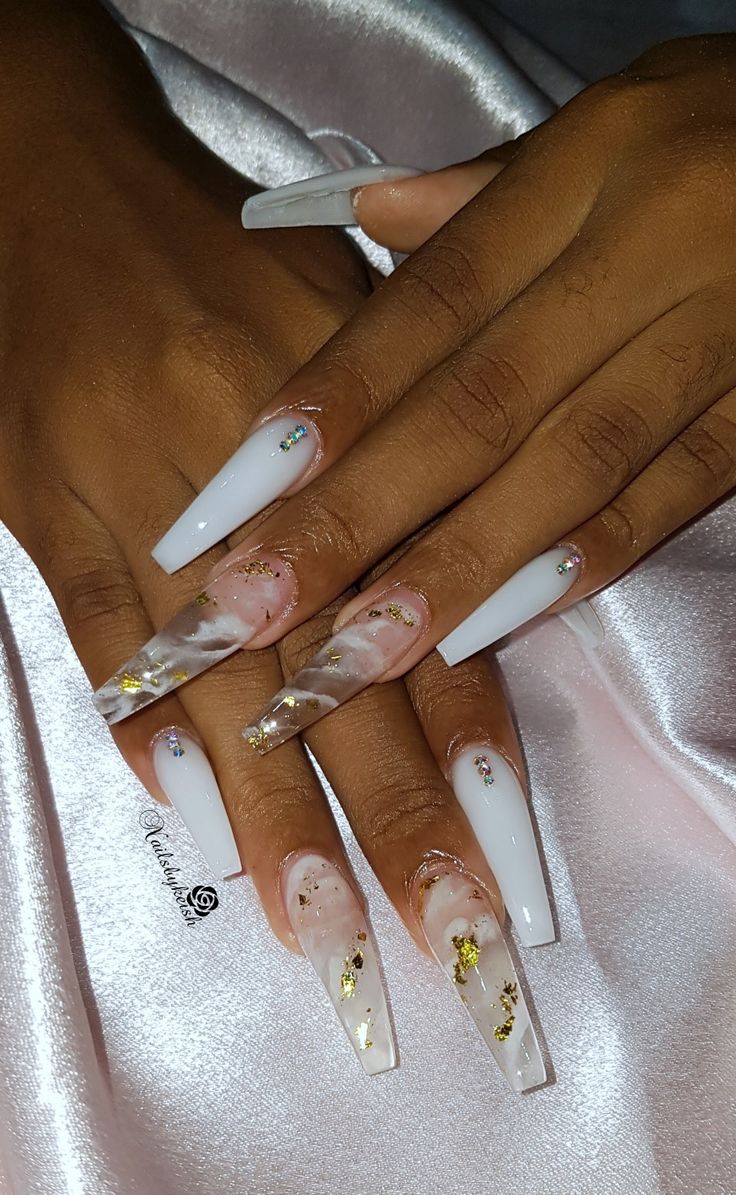 Chic Elegant Nail Design with White and Marble Patterns, Gold Flakes, and Gemstones.