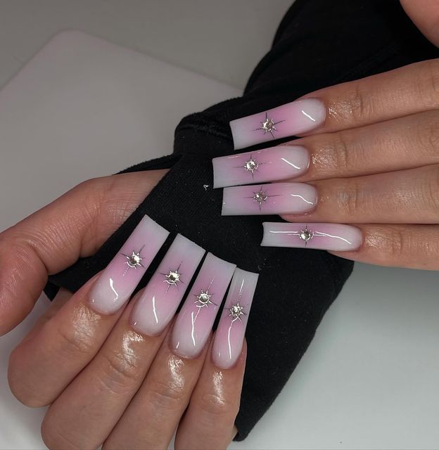 Elegant Gradient Acrylic Nails with Rhinestone Accents