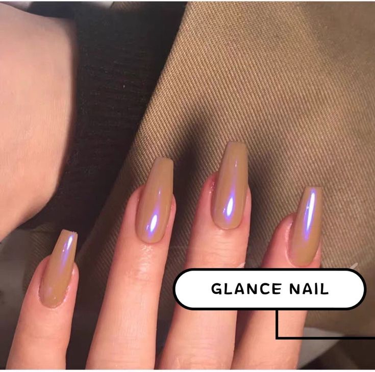 Trendy Beige Almond-Shaped Nails with Iridescent Highlights for Sophisticated Style