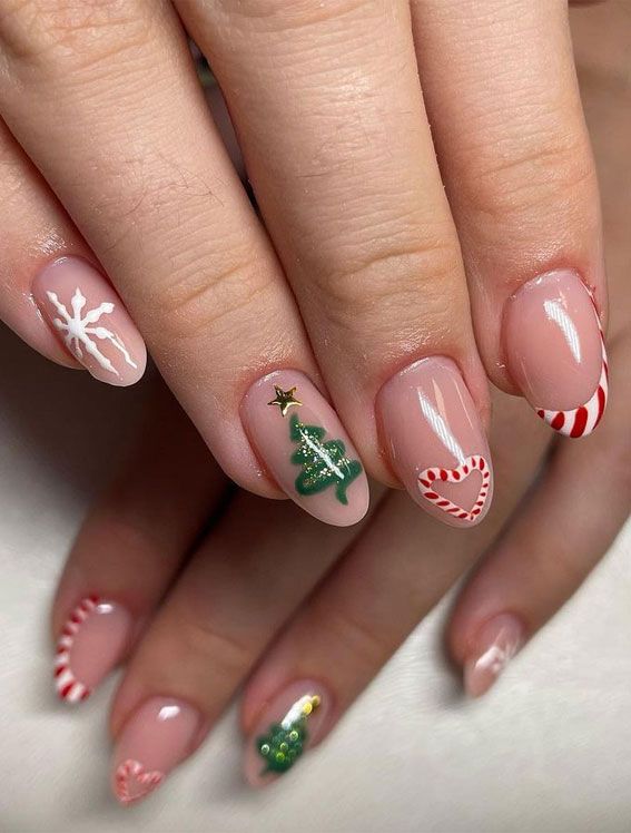 Cheerful Holiday Nail Design Showcasing Festive Motifs and Vibrant Colors