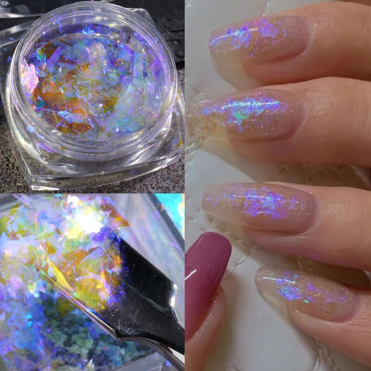 Ethereal Iridescent Nail Design with Shimmering Holographic Flakes and Pastel Tones.