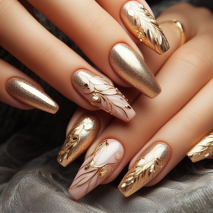 Glamorous Nail Design: Shimmering Gold and Creamy Nude with Sophisticated Leaf Patterns.