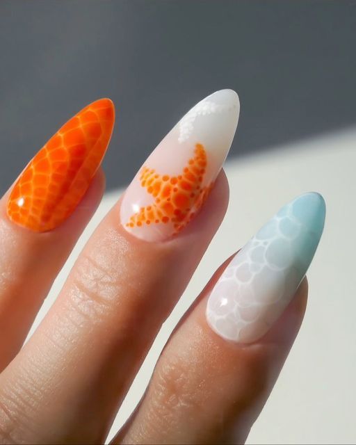 Vibrant Beach-Inspired Nail Design with Textures and Playful Patterns.