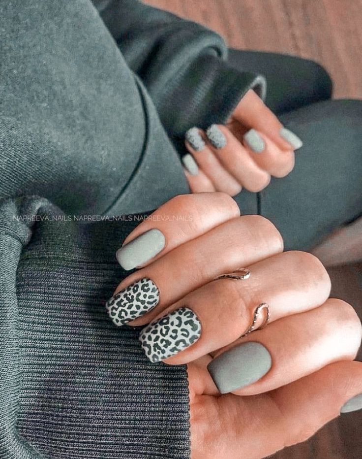 Chic Nail Design: Muted Gray Palette with Bold Leopard Print Accent