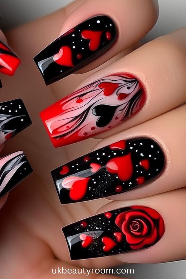 Romantic Edgy Nail Design with Bold Colors and Intricate Patterns