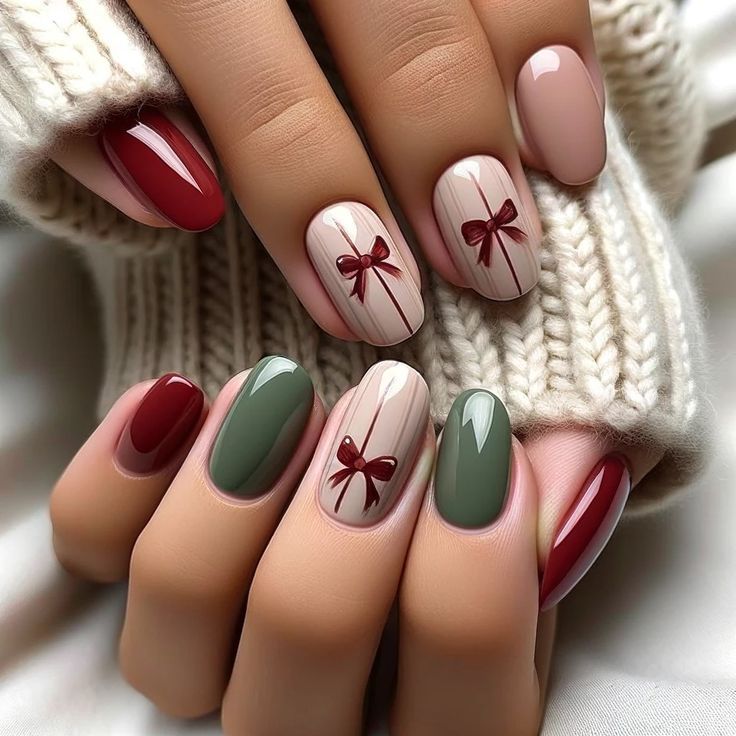 Charming Holiday Nail Design: Elegant Bows & Festive Colors for Sophisticated Winter Celebrations.