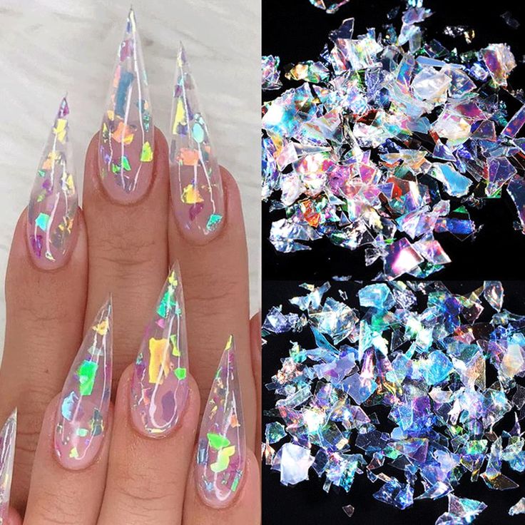 Striking Stiletto Nails with Iridescent Flakes: A Perfect Blend of Elegance and Playfulness.