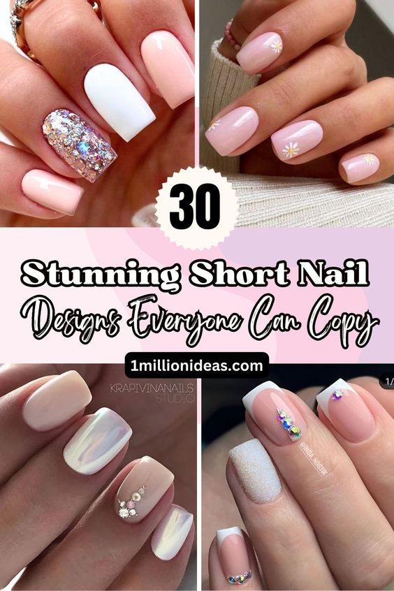 Chic Short Nail Designs: Stylish Pastels, Sparkling Accents, and Creative Patterns.