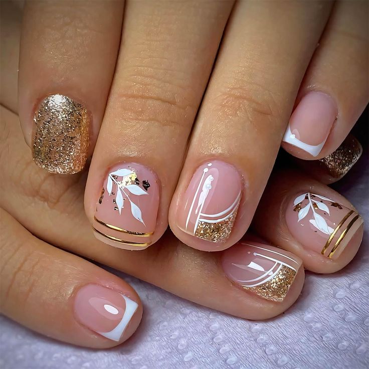 Sophisticated Pink and Gold Nail Design with Glitter Accents for Special Occasions