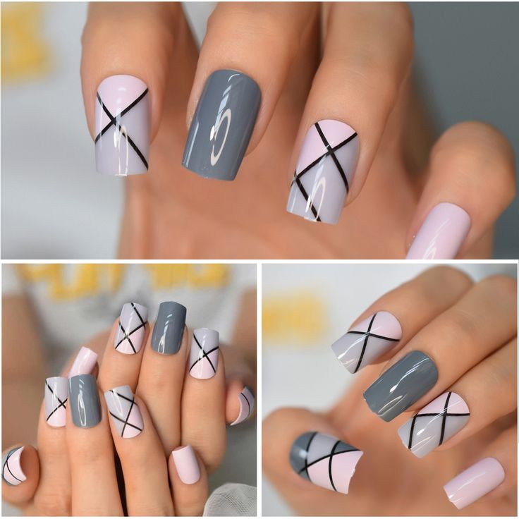 Chic Geometric Nail Design in Muted Pink and Grey with Bold Black Accents