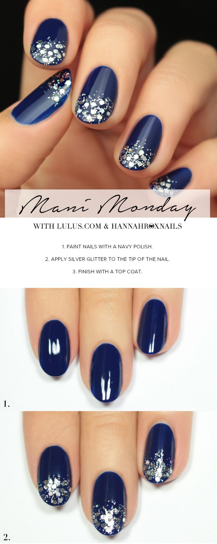 Chic Deep Navy Nail Design with Sparkling Silver Glitter Tips for Any Occasion.