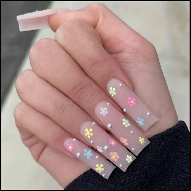 Elegant Pastel Floral Nail Design with Rhinestones for a Cheerful Spring/Summer Look.