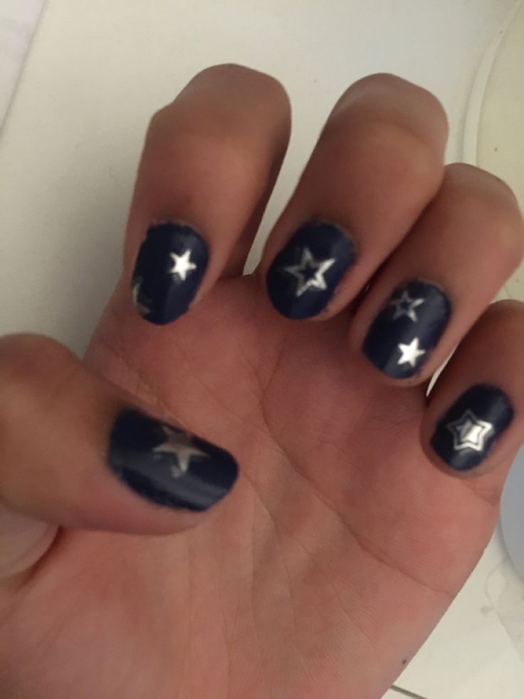 Whimsical Starry Night Nail Design with Deep Navy Base and Silvery Motifs