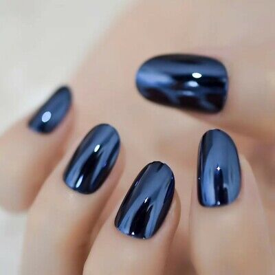 Elegant High-Gloss Navy Blue Almond-Shaped Nail Design with Captivating Depth.