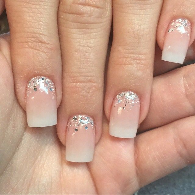 Chic Ombre Nails with Nude-White Gradient and Elegant Sparkle.