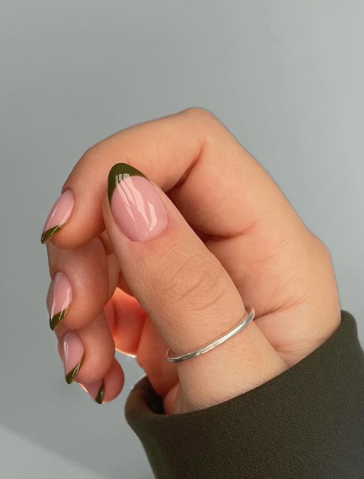 Chic Green-Tipped Nude Nail Design for a Modern Touch