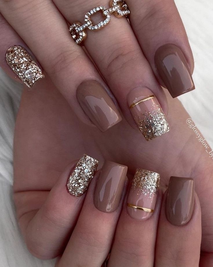 Chic Taupe and Gold Nail Design: A Stunning Blend of Matte, Glitter, and Sophistication for Any Occasion