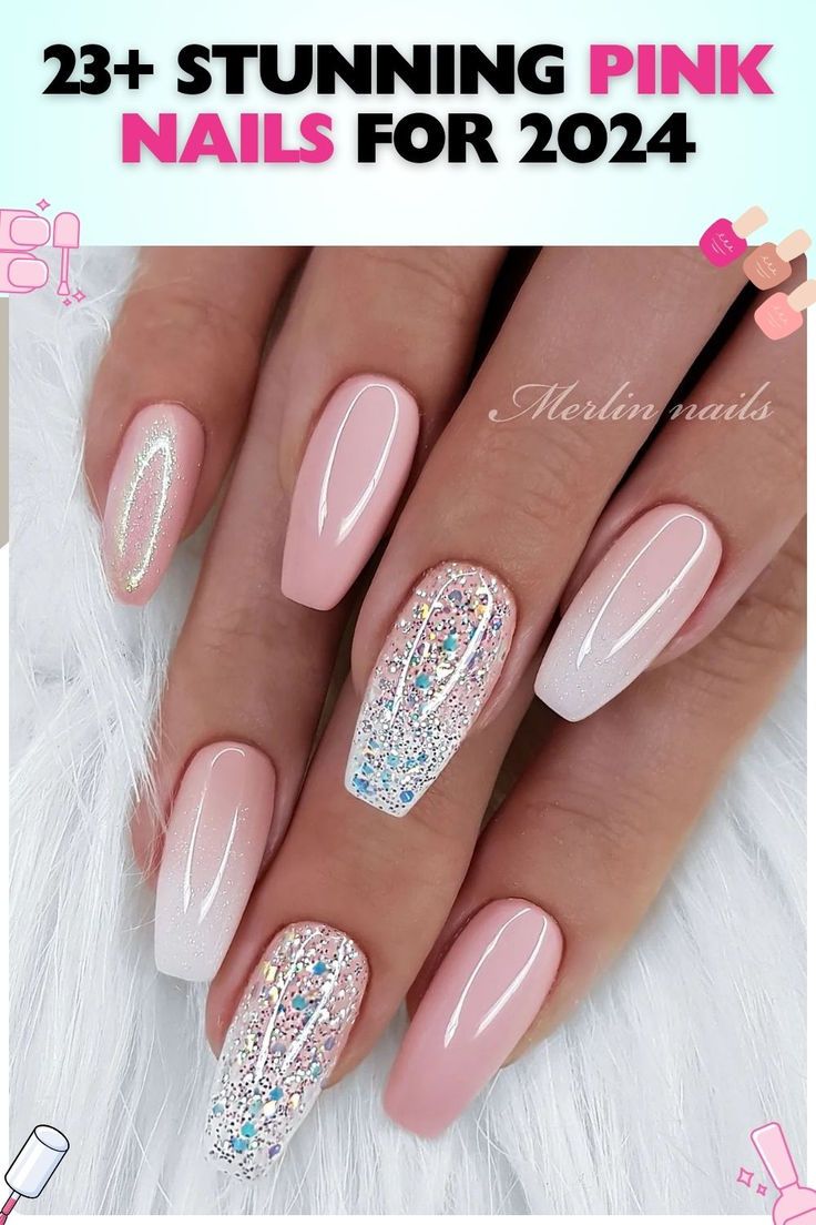 Sophisticated Pink Gradient Nails with Eye-Catching Glitter Accents