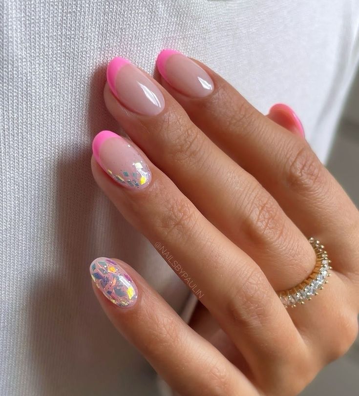 Chic and Playful Vibrant Pink French Tips with Iridescent Accent Nail Design.