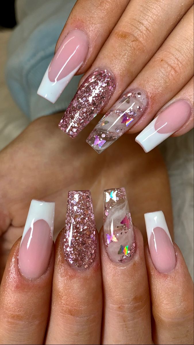 Chic Nail Design: Soft Pink and White with Glittery Accents for a Modern Look