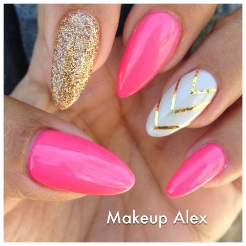 Vibrant Nail Design with Bold Pink, Glamorous Gold, and Elegant White Chevron Accents.