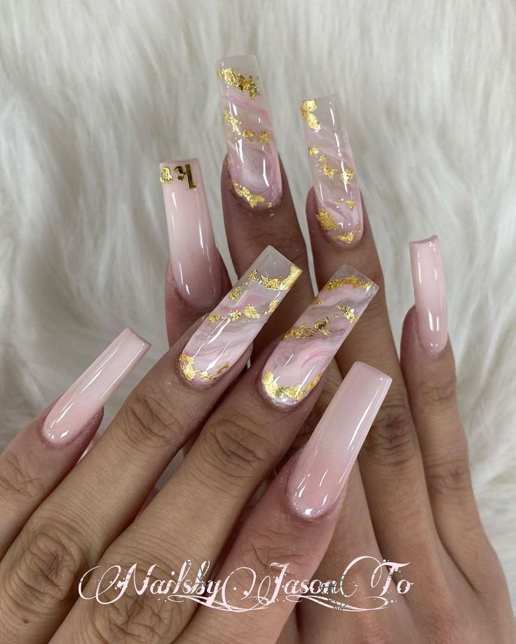 Sophisticated Soft Pink Acrylic Nail Design with Gold Foil and Marble Accents