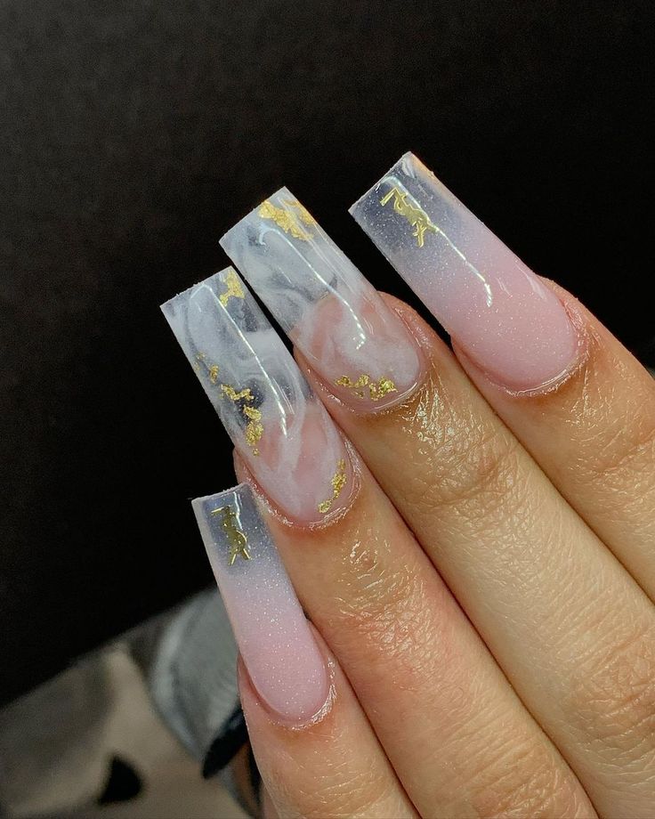 Sophisticated Long Square Nail Design with Soft Pink, Milky White, and Luxurious Golden Accents.