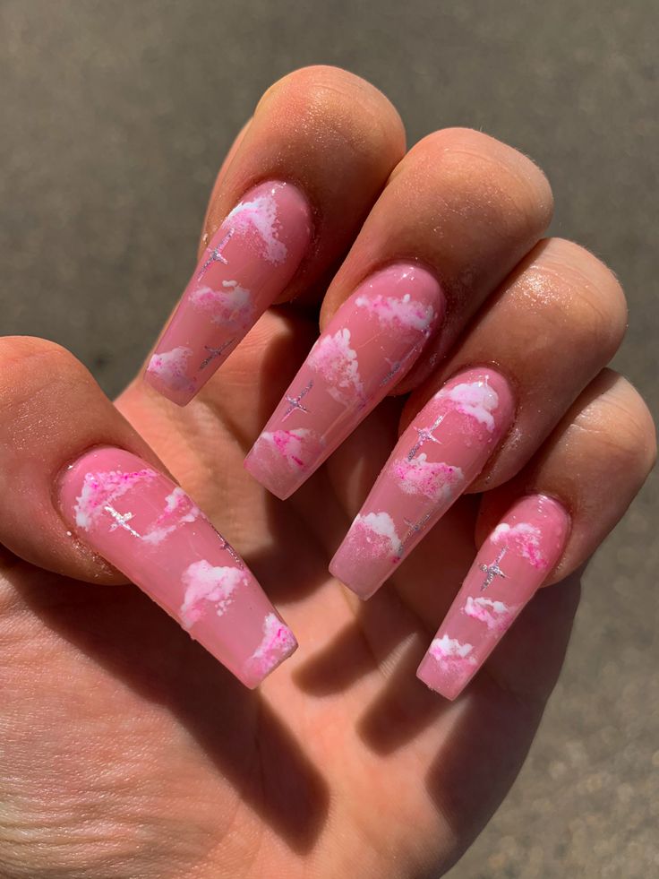 Ethereal Dreamy Nail Design: Soft Pink Base with Whimsical White Marble Accents