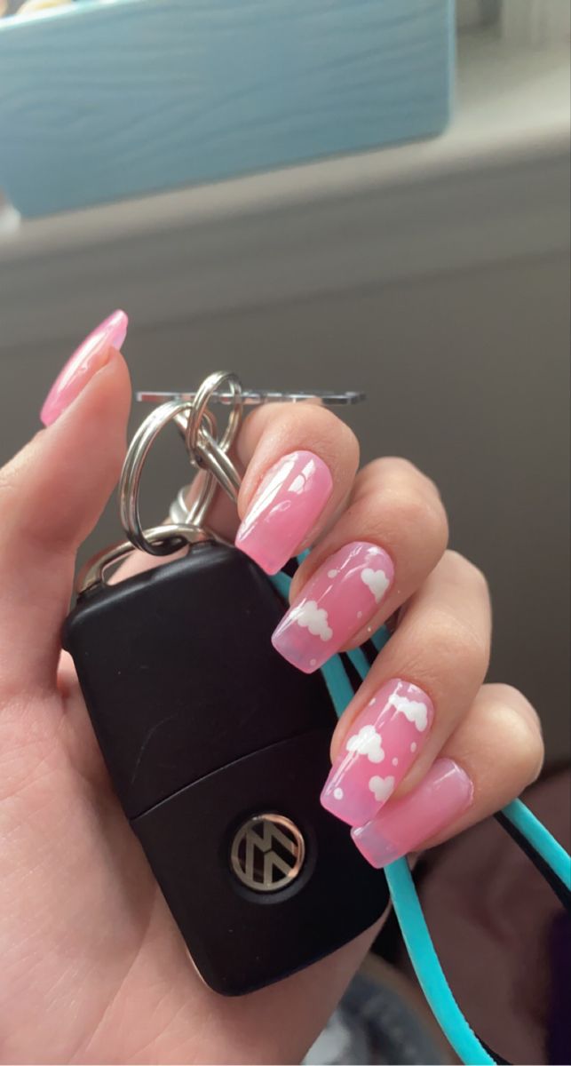 Playful Pink Cloud-Designed Nails: A Whimsical Touch for Casual Elegance.