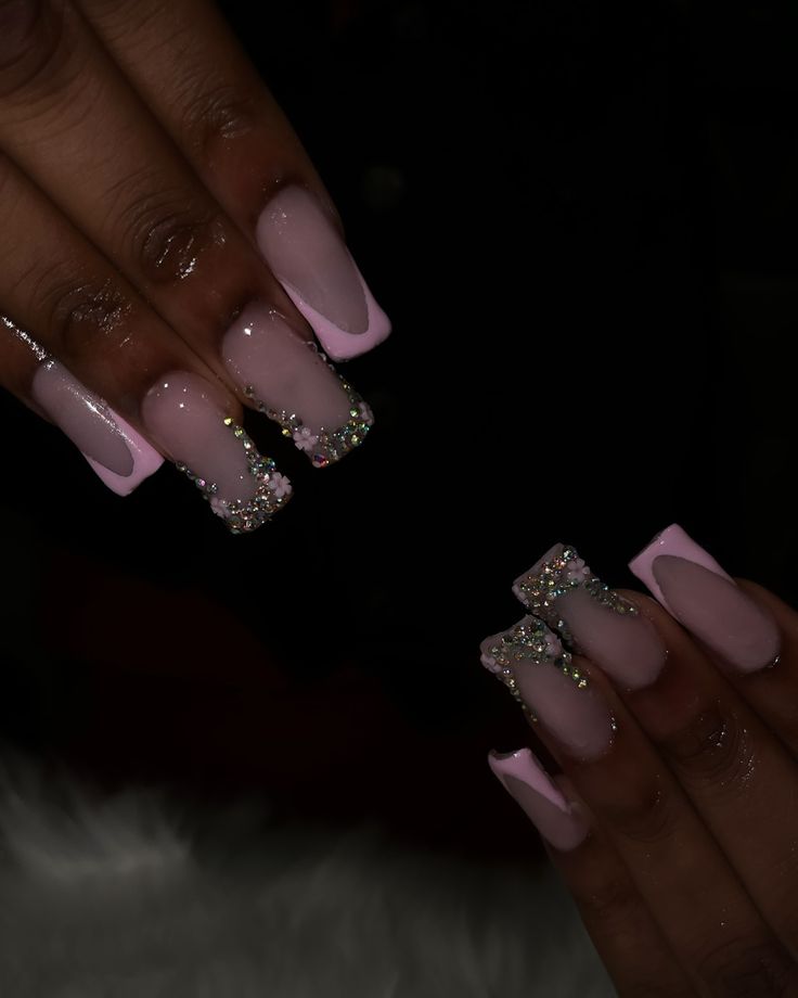 Chic Pink Square Nails with White Accents and Rhinestone Glamour.