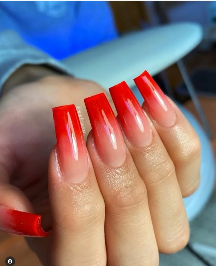 Vibrant Red-to-Nude Ombre Nail Design with Glossy Finish