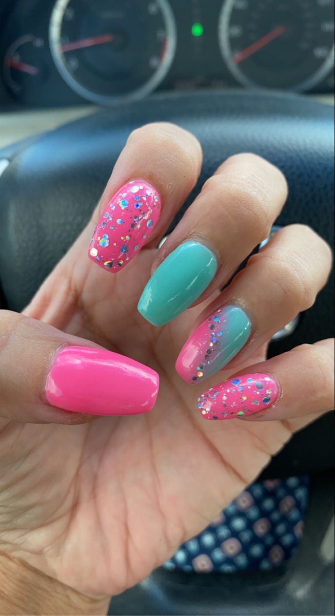 Playful Vibrant Nail Design: Bright Pink and Mint Green with Glitter and Confetti.