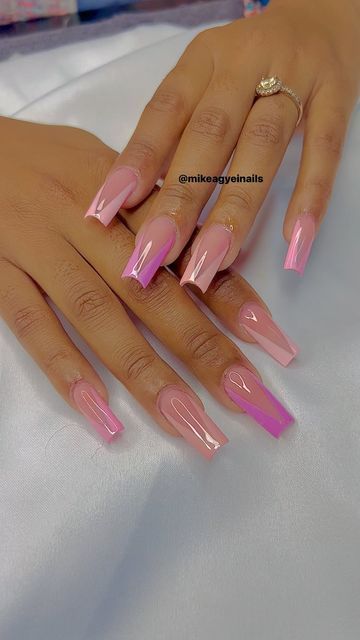 Chic Nail Design: Soft Pinks and Vibrant Accents with Geometric Patterns