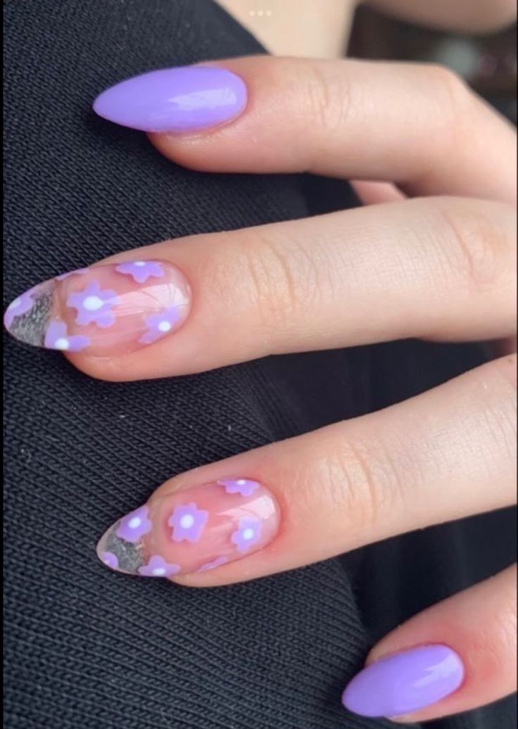 Elegant Pastel Purple Floral Nail Design with Silver Tips for Spring/Summer.