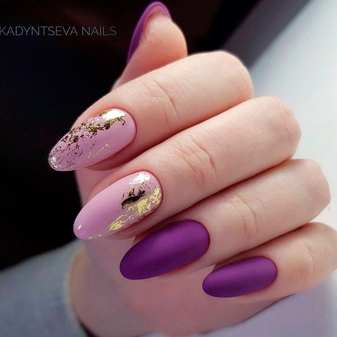 Sophisticated and Playful Nail Design: Soft Pink and Deep Purple with Golden Accents